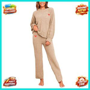 Cozy Fleece Pajama Set Heart Embroidery Long Sleeve Top Lounge Pants
